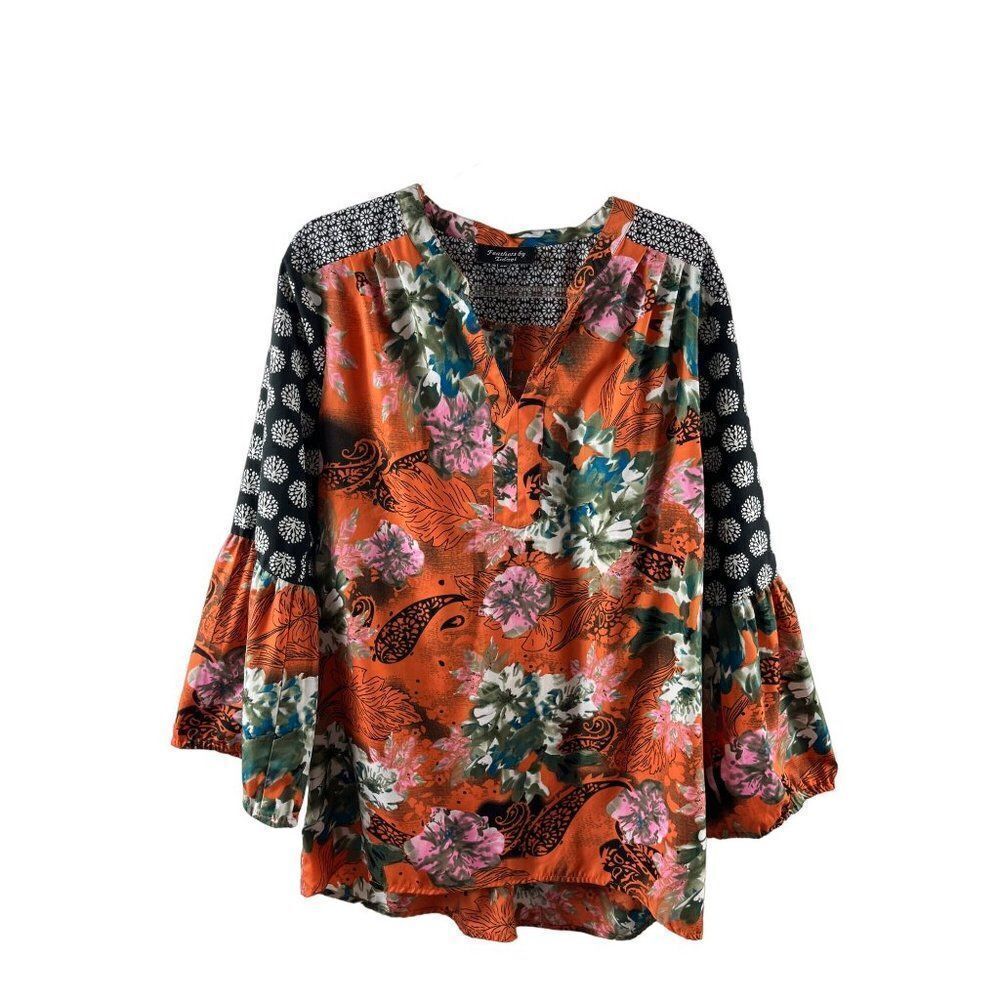 Feathers by Tolani Floral Paisley Mixed Print Bell Sleeve Tunic Top XL Orange